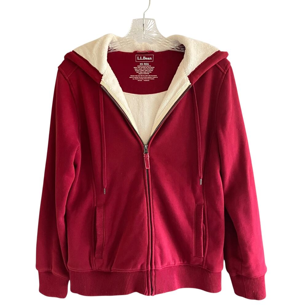 L.L. BEAN Hoody Sweatshirt Jacket XS Faux Fur Lined  Dark Red Zip Item ID 500755